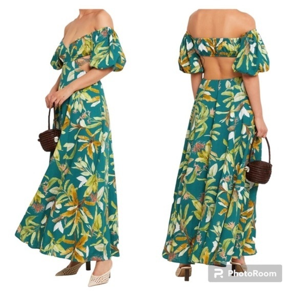 O.P.T. Callista Green Floral Palm Off the Shoulder Linen Blend Maxi Dress XS - Picture 1 of 17